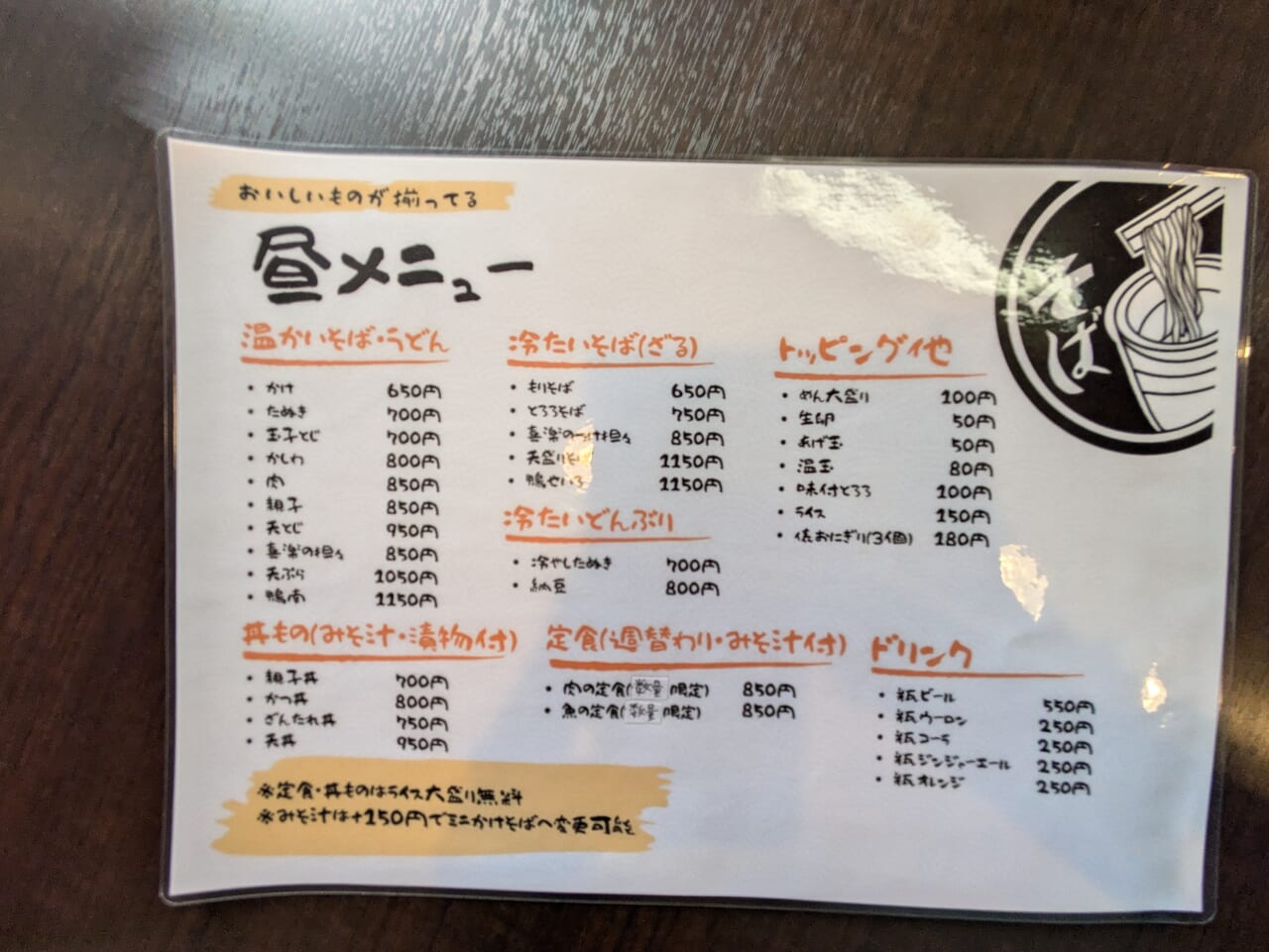 そば屋喜楽昼メニュー
